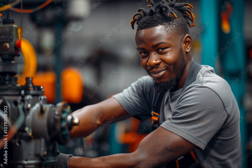 Young man working confidently on machinery in a workshop, showcasing skills and dedication during daylight hours Young man working confidently on machinery in a workshop, showcasing skills and dedication during daylight hours