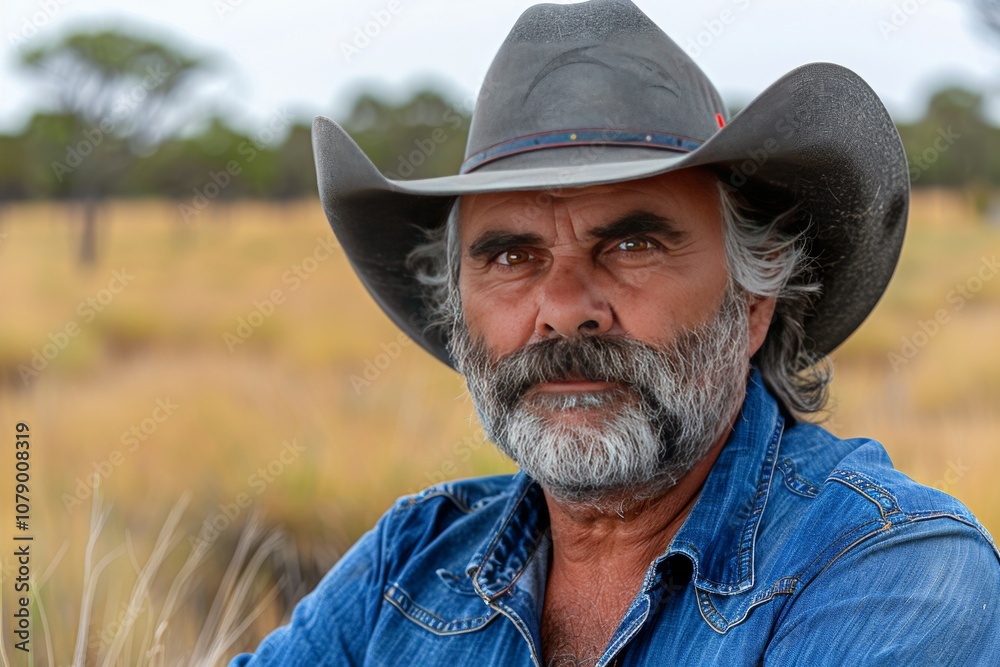 Fototapeta premium A rugged, bearded man in a wide-brimmed hat poses confidently outback landscape during the late afternoon