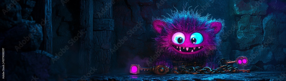 Colorful furry monster in a cave with glowing objects scattered around. Colorful furry monster in a cave with glowing objects scattered around.