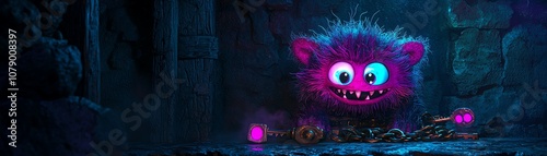 Colorful furry monster in a cave with glowing objects scattered around.