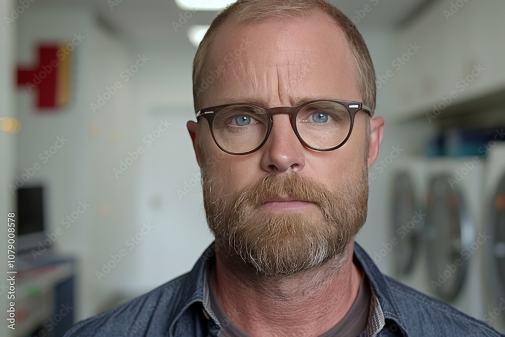 Focused man with glasses stands in a brightly lit indoor space, showcasing a thoughtful expression during early afternoon hours Focused man with glasses stands in a brightly lit indoor space, showcasing a thoughtful expression during early afternoon hours
