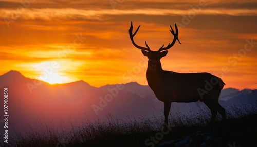 majestic deer silhouette at sunset over mountain landscape