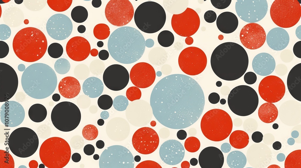 Seamless pattern of red, blue, and black circles on a beige background. Seamless pattern of red, blue, and black circles on a beige background.