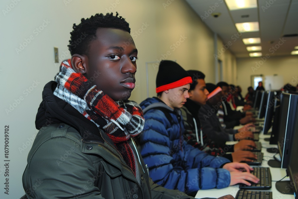 Young individuals engaged in computer work at a community center classroom during a winter day Young individuals engaged in computer work at a community center classroom during a winter day