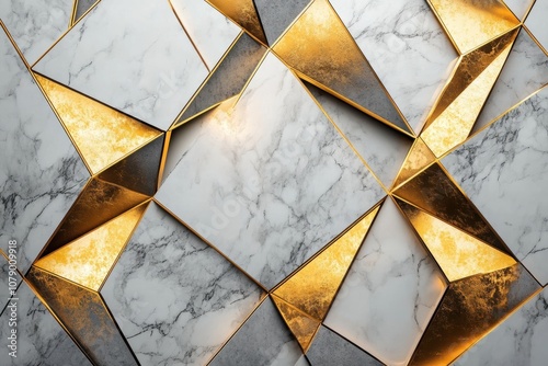 White marble background with golden metal geometric shapes. Luxury wallpaper. Decoration