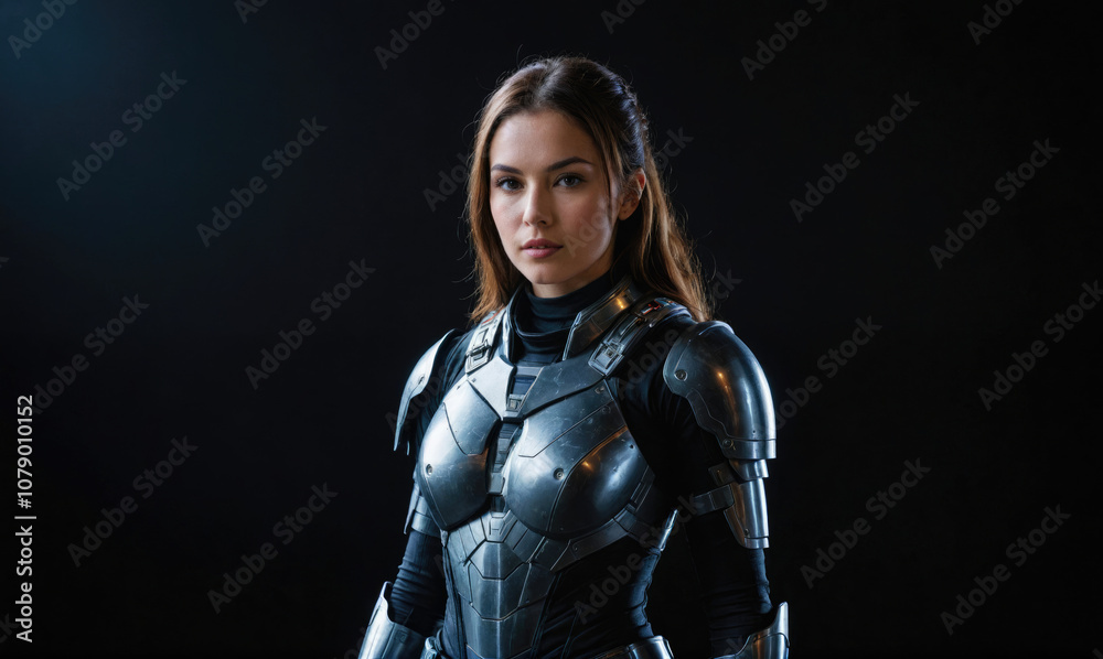 Fototapeta premium A woman wearing silver armor stares intensely at the camera