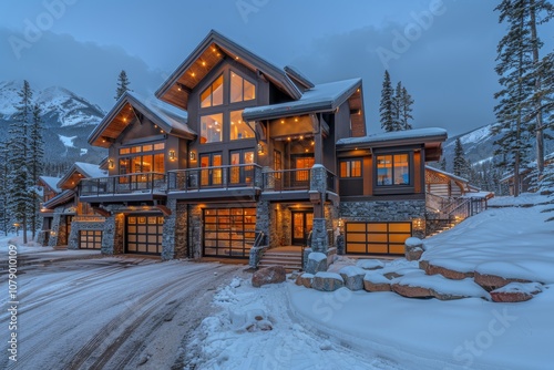 Elegant mountain lodge illuminated in winter evening with scenic snowy landscape and towering trees nearby for a cozy getaway experience