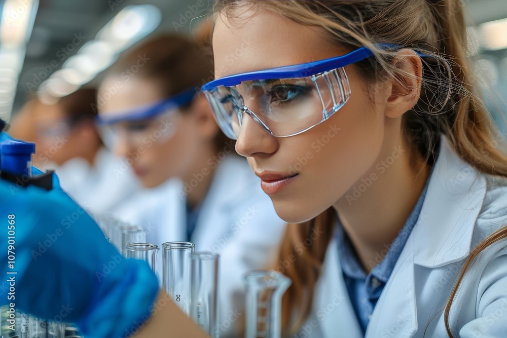 A young scientist carefully conducting experiments in a laboratory with glassware during a research session in the afternoon A young scientist carefully conducting experiments in a laboratory with glassware during a research session in the afternoon