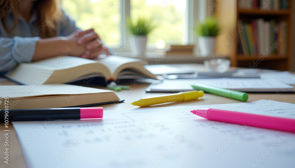A focused student engages in study, surrounded by books and colorful stationery in a bright, serene room during a productive afternoon A focused student engages in study, surrounded by books and colorful stationery in a bright, serene room during a productive afternoon