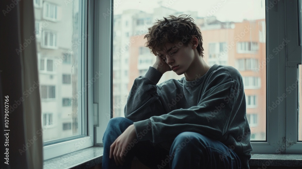 young boy sits quietly windowsill gazing world beyond. Shadows play him showcasing his feelings loneliness and introspection as daylight fades. young boy sits quietly windowsill gazing world beyond. Shadows play him showcasing his feelings loneliness and introspection as daylight fades.