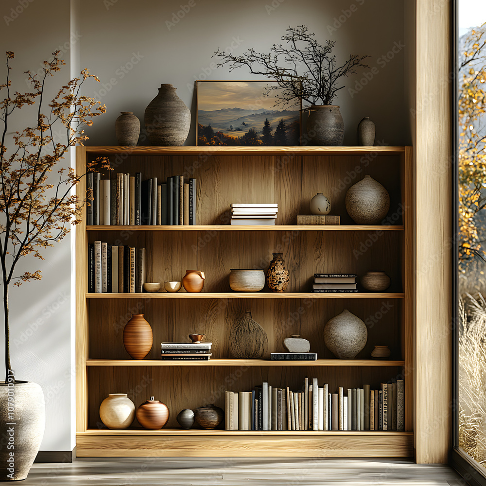 A minimalist and modern bookshelf with books, plants, and decorations
A minimalist and modern bookshelf with books, plants, and decorations
