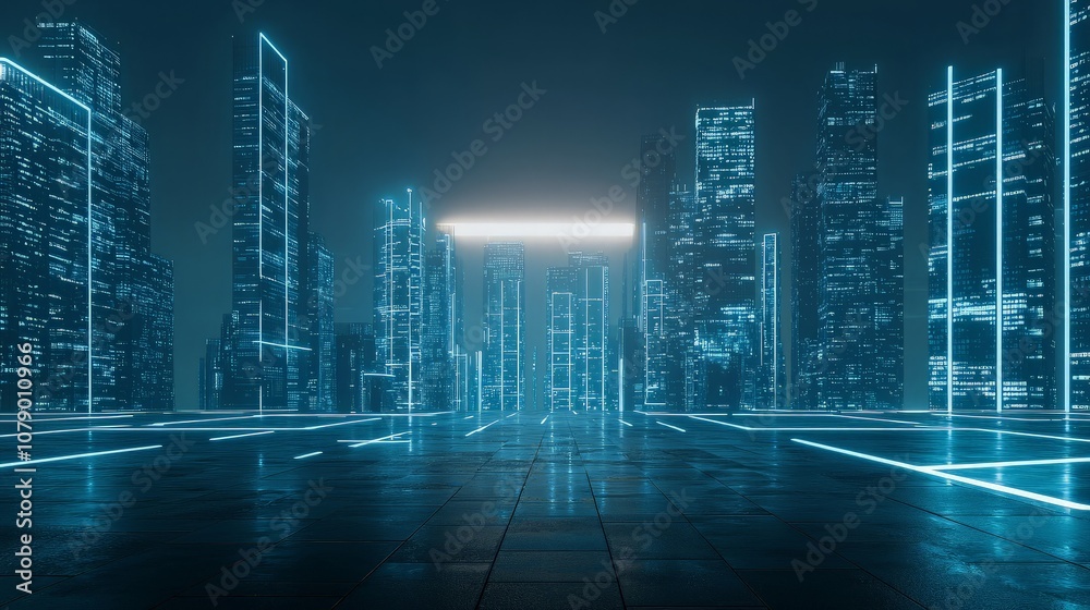 Futuristic city skyline with glowing neon lines and a bright light portal in the distance. Futuristic city skyline with glowing neon lines and a bright light portal in the distance.