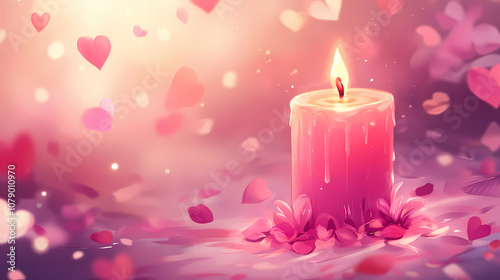 Pink romantic burning candle, valentine's day illustration banner. Romantic. Illustration