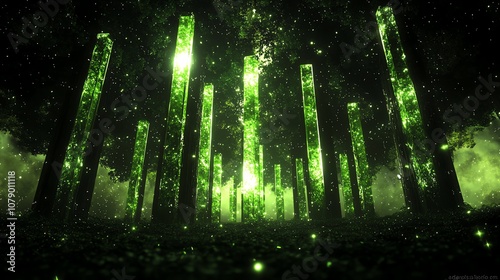 Futuristic green digital cityscape with glowing pillars and sparkles. photo