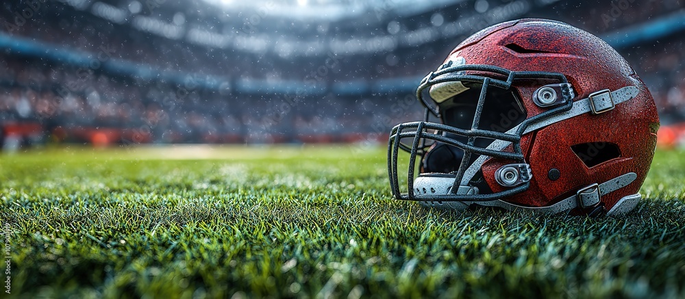 A football helmet is on the grass in a stadium A football helmet is on the grass in a stadium