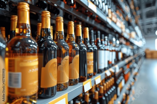 Bottles of various alcoholic beverages neatly arranged on shelves in a large retail store during daylight hours photo