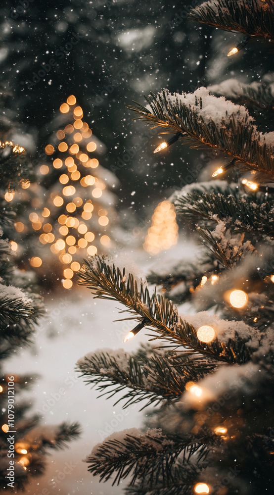 A snowy pine branch with twinkling lights in the foreground, with a blurred Christmas tree with lights in the background A snowy pine branch with twinkling lights in the foreground, with a blurred Christmas tree with lights in the background