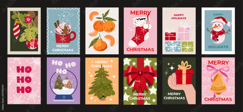 Merry Christmas and Happy New Year poster template. Modern trendy minimal childish style. Perfect for postcard, wall decor, print, cover. Merry Christmas and Happy New Year poster template. Modern trendy minimal childish style. Perfect for postcard, wall decor, print, cover.