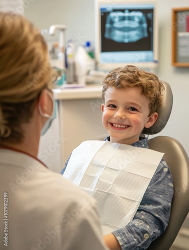 Young Boy Smiling in Dental Clinic While Receiving Treatment from Dentist during Check-Up with X-Ray Visible in the Background