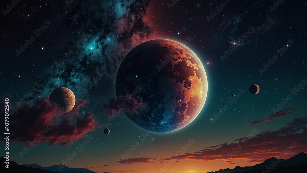 Earth and Moon in Space with Stars and Clouds Earth and Moon in Space with Stars and Clouds