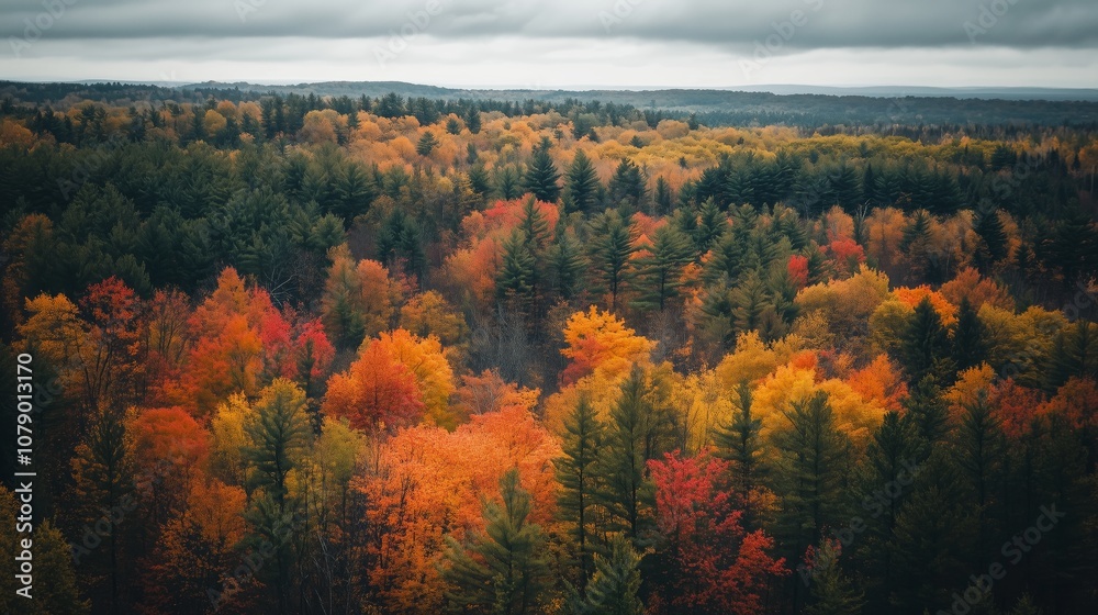 A forest with trees in the foreground and background. The trees are yellow and brown. The sky is cloudy A forest with trees in the foreground and background. The trees are yellow and brown. The sky is cloudy
