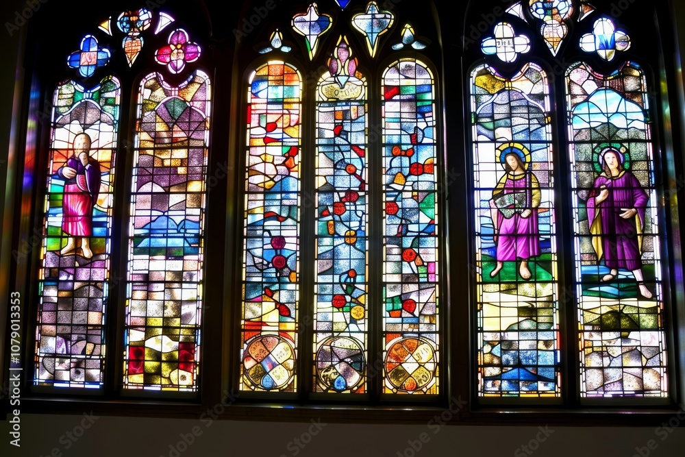 Vibrant stained glass windows depicting biblical scenes in a historic church illuminated by sunlight Vibrant stained glass windows depicting biblical scenes in a historic church illuminated by sunlight