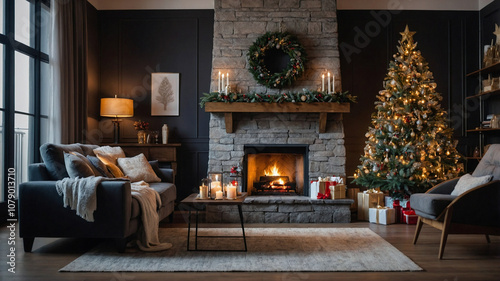 Christmas interior. Modern living room with sofa, fireplace and decorated Christmas tree. photo