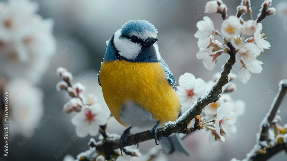 Bee-eater sitting on branch of blossom cherry tree Bee-eater sitting on branch of blossom cherry tree