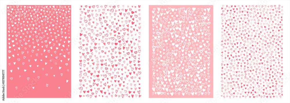 Tiny hand drawn hearts Valentine's Day backgrounds set, collection. Rectangle shape vector chaotic patterns and border. Cute doodle marker drawn different small heart shapes and silhouettes.