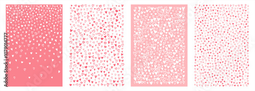 Tiny hand drawn hearts Valentine's Day backgrounds set, collection. Rectangle shape vector chaotic patterns and border. Cute doodle marker drawn different small heart shapes and silhouettes.
