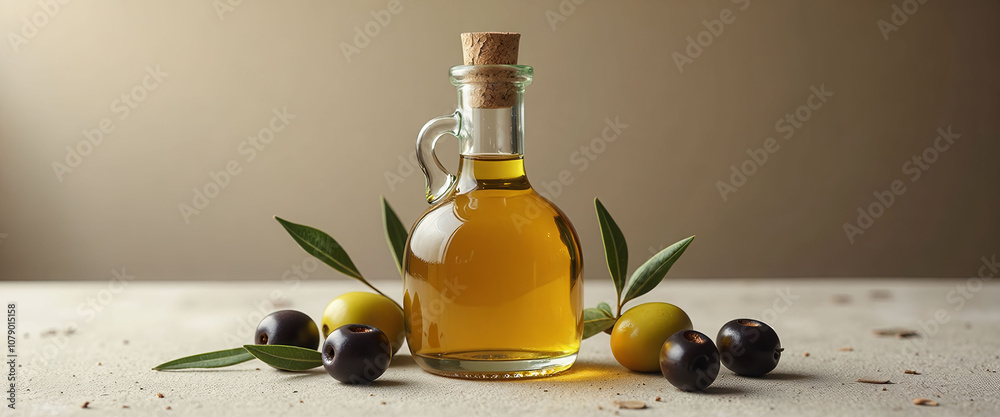 A bottle of olive oil sits on a table next to some olive leaves. The bottle is made of glass and has a cork stopper. The leaves are green and appear to be fresh. Concept of health and wellness A bottle of olive oil sits on a table next to some olive leaves. The bottle is made of glass and has a cork stopper. The leaves are green and appear to be fresh. Concept of health and wellness