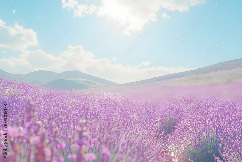 Lavender field with mountains in background under a bright, sunny sky, nature scene
Lavender field with mountains in background under a bright, sunny sky, nature scene