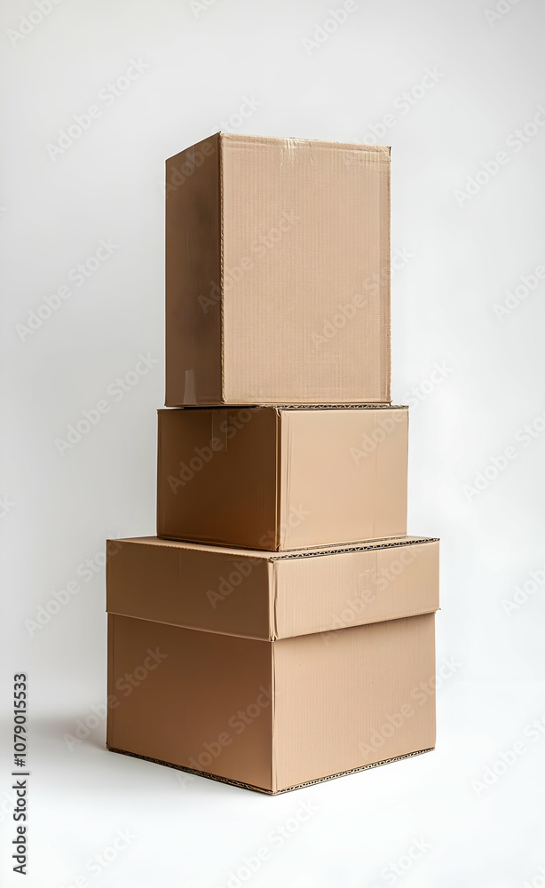 Three brown cardboard boxes stacked on top of each other on a white background. Three brown cardboard boxes stacked on top of each other on a white background.