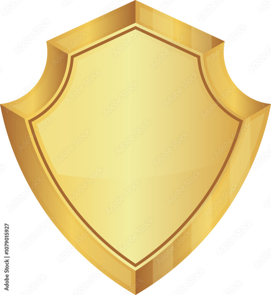 Gold shield shape. 3D golden emblem shield on white background. icon security, power, protection. Badge shape shield Vector illustration Gold shield shape. 3D golden emblem shield on white background. icon security, power, protection. Badge shape shield Vector illustration