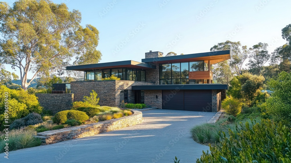 Modern house with stone and wood design, surrounded by lush greenery and a driveway. Modern house with stone and wood design, surrounded by lush greenery and a driveway.