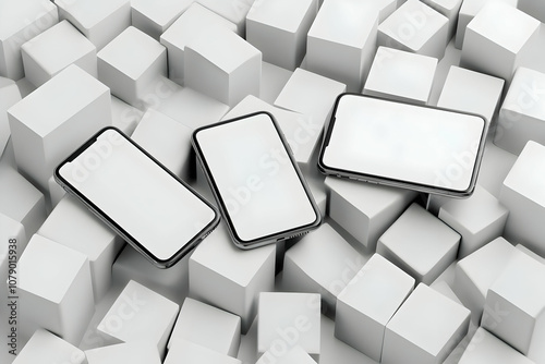 Three Modern Smartphones with Blank Screens Laying on White Cubes.