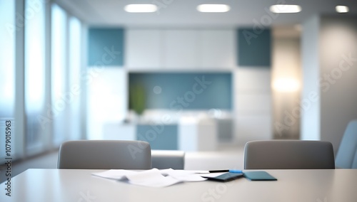 A Meeting Room Table with Papers, a Pen, and a Book