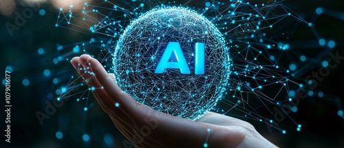 Hand Holding Digital AI Sphere with Futuristic Network Connections