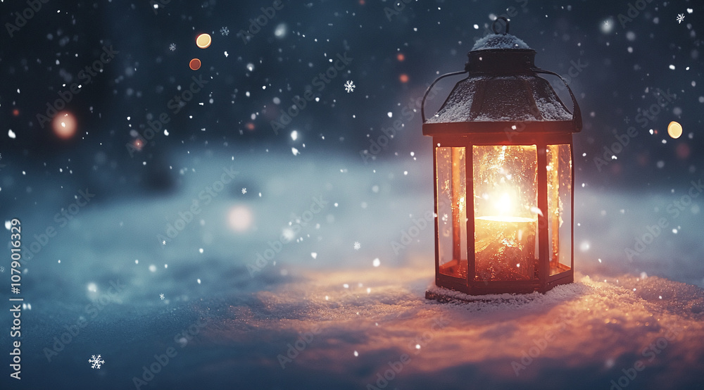 A lantern sits in the snow, glowing brightly as snowflakes fall around it. The light from the lantern casts a warm glow on the snowy ground A lantern sits in the snow, glowing brightly as snowflakes fall around it. The light from the lantern casts a warm glow on the snowy ground