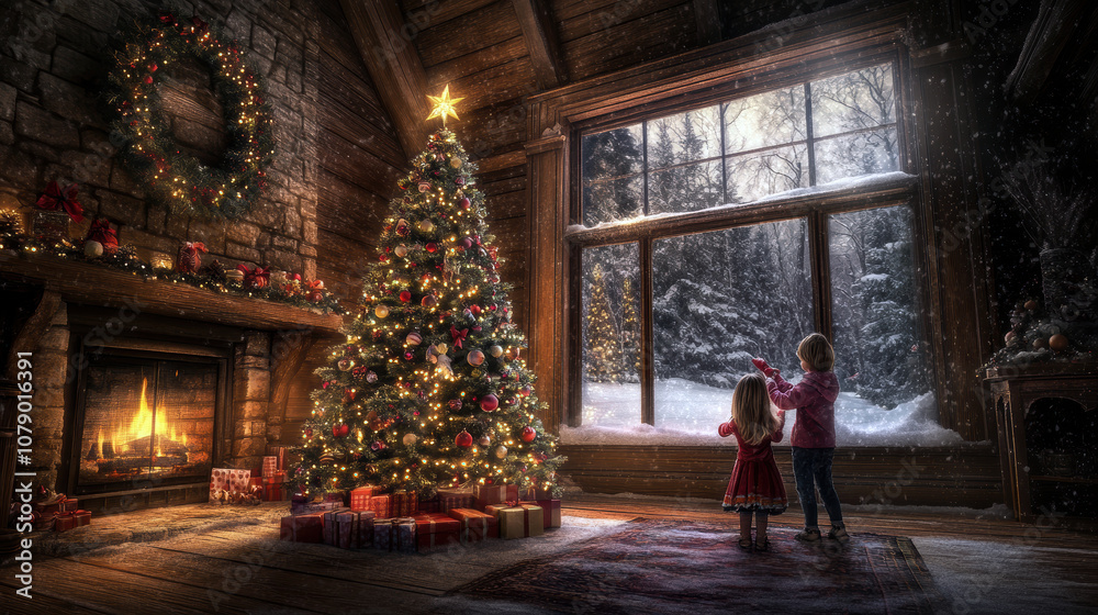 Two children gaze out a window at a snowy landscape, enveloped in the warmth of a cozy cabin, with a beautifully decorated Christmas tree and a glowing fireplace. Two children gaze out a window at a snowy landscape, enveloped in the warmth of a cozy cabin, with a beautifully decorated Christmas tree and a glowing fireplace.