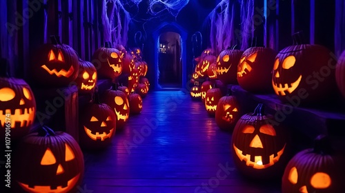 Create an enchanting halloween atmosphere with ghoulishly grinning pumpkins and spooky decorations photo