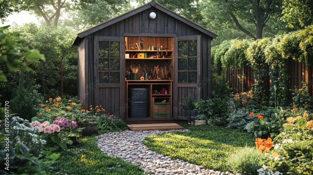 Obraz premium A charming garden shed surrounded by vibrant flowers and greenery.