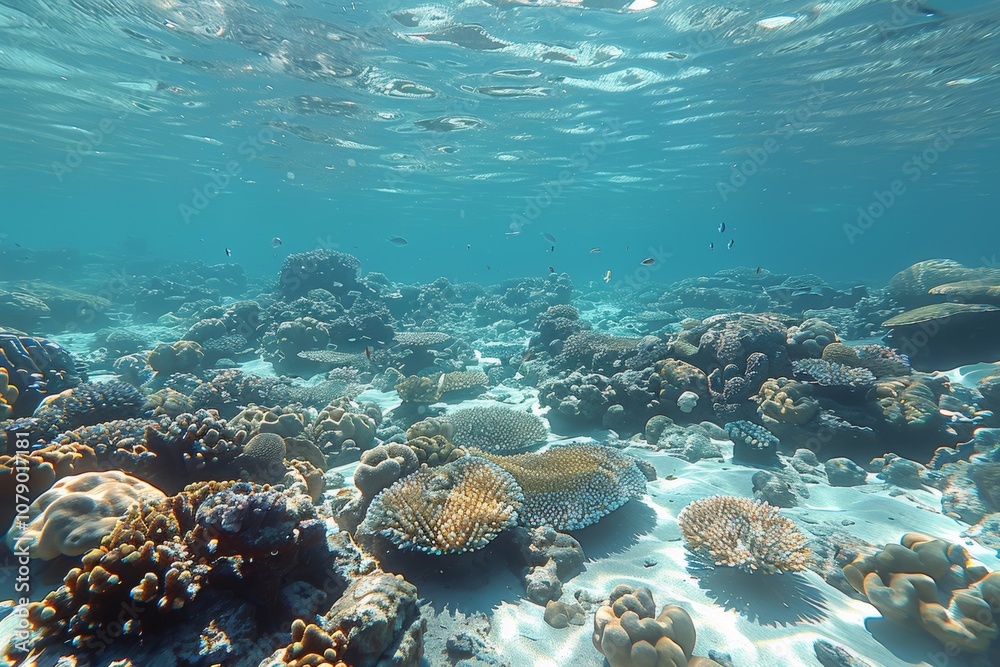 Fototapeta premium Underwater view of a vibrant coral reef ecosystem teeming with marine life in clear turquoise waters