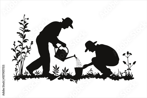 Man Watering Plant Care Silhouette