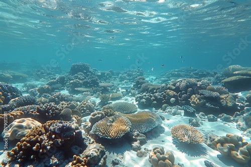 Underwater view of a vibrant coral reef ecosystem teeming with marine life in clear turquoise waters