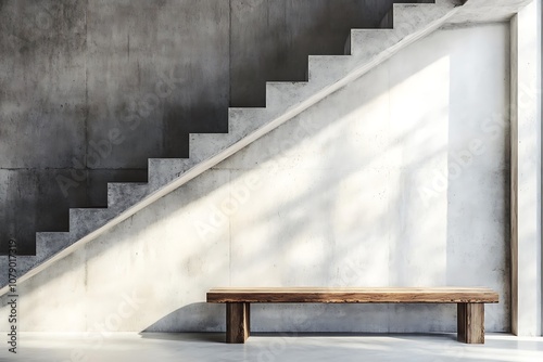 Loft interior design of modern entrance hall with staircase and rustic wooden bench near concrete wall with copy space