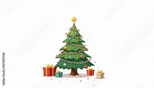 A festive scene with a Christmas tree decorated with candy canes, baubles, and a glowing star.