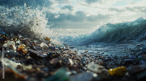 A close-up view of ocean waves crashing onto a shore littered with plastic debris, highlighting the urgent issue of marine pollution and its impact on nature. photo