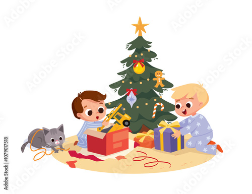kids children little brothers sitting near Christmas tree opening christmas gift boxes, exchanging presents with spectacular snow fall behind the window. Vector illustration.