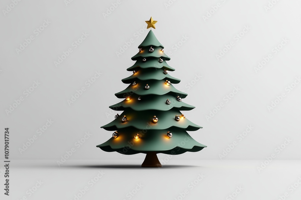 2D illustration of a Christmas tree with lights and ornaments, on a plain white background